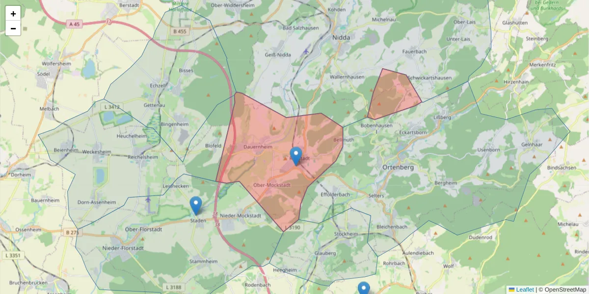 Karte des Postleitzahlen Bereichs  und der umliegenden Postleitzahlen in Deutschland