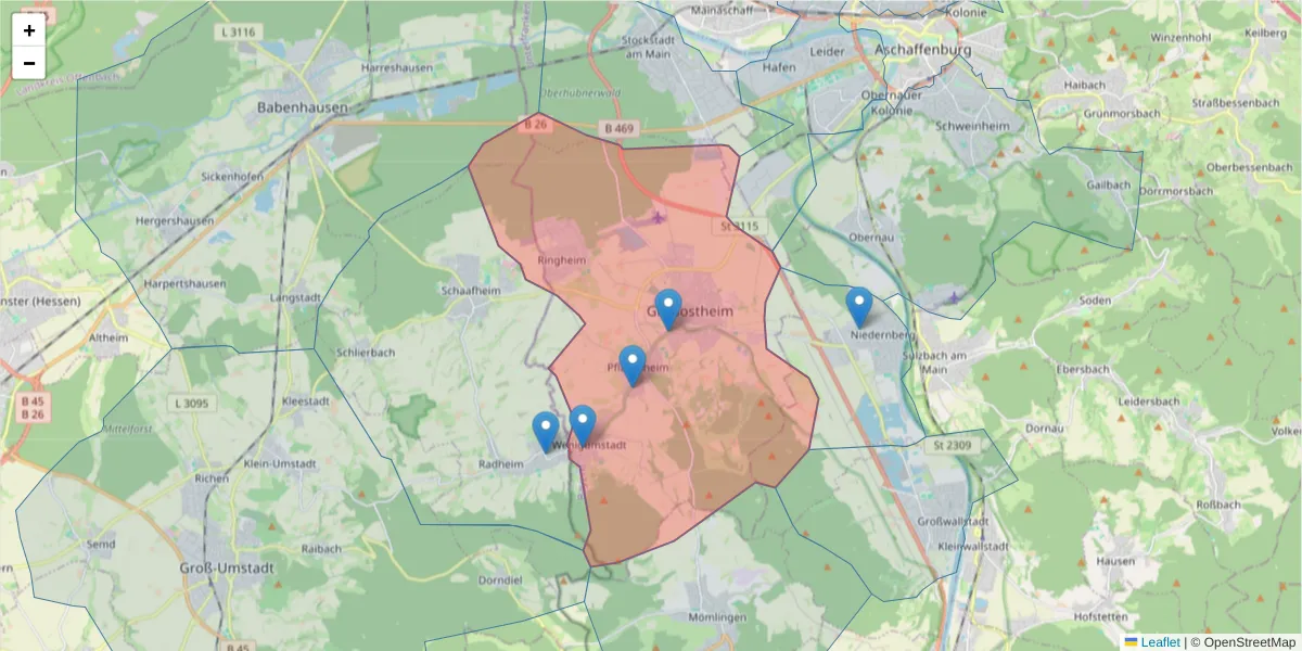 Karte des Postleitzahlen Bereichs  und der umliegenden Postleitzahlen in Deutschland