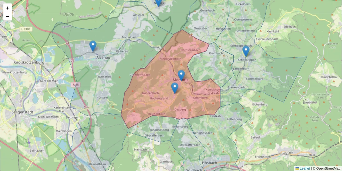 Karte des Postleitzahlen Bereichs  und der umliegenden Postleitzahlen in Deutschland