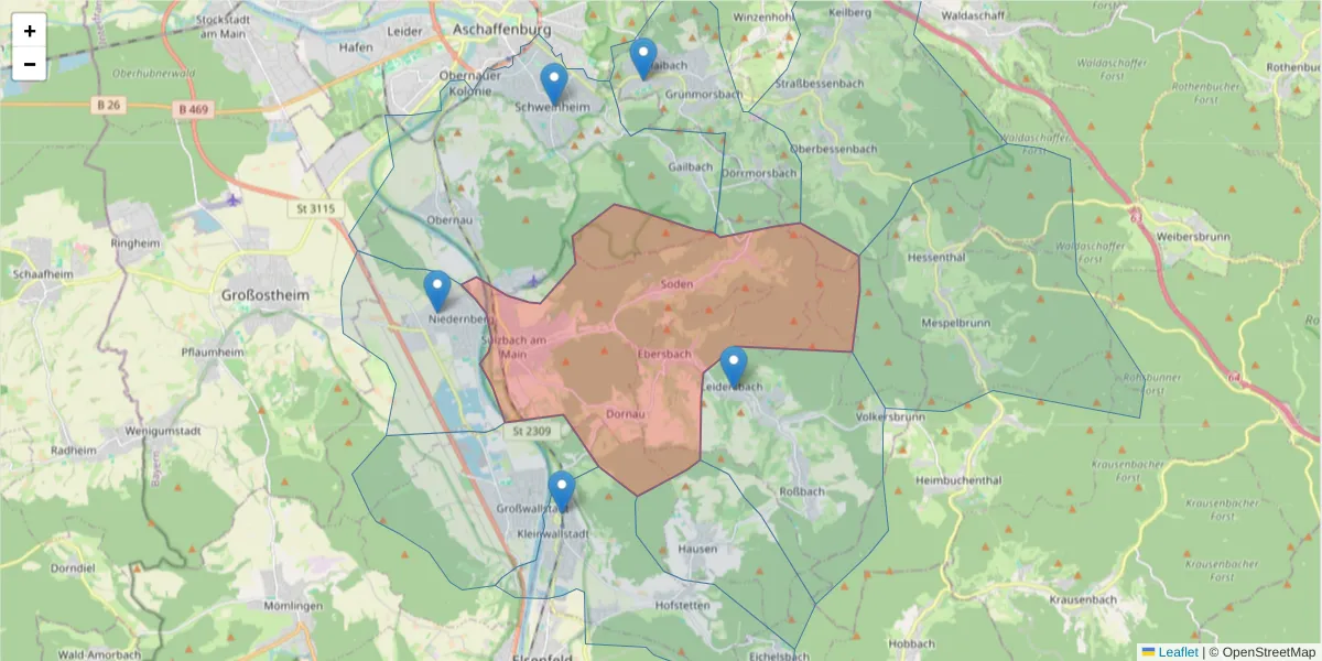 Karte des Postleitzahlen Bereichs  und der umliegenden Postleitzahlen in Deutschland