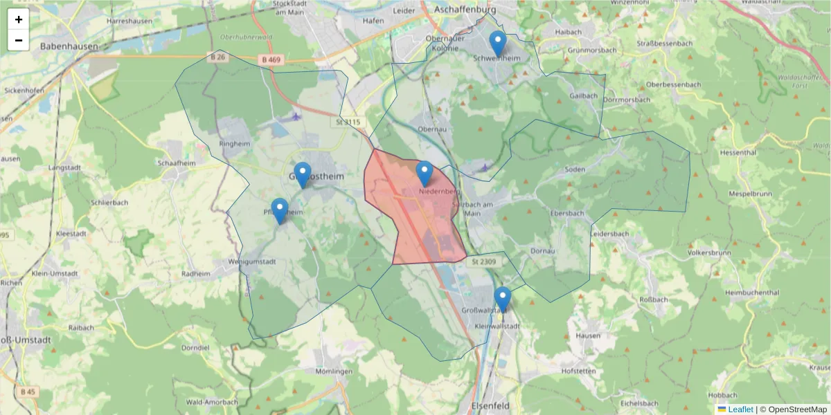 Karte des Postleitzahlen Bereichs  und der umliegenden Postleitzahlen in Deutschland