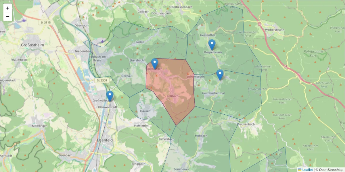 Karte des Postleitzahlen Bereichs  und der umliegenden Postleitzahlen in Deutschland