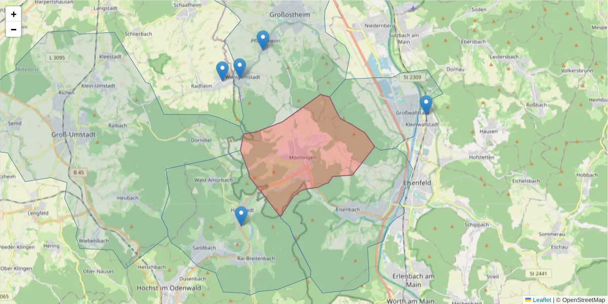 Karte des Postleitzahlen Bereichs  und der umliegenden Postleitzahlen in Deutschland