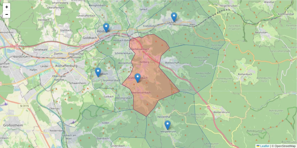 Karte des Postleitzahlen Bereichs  und der umliegenden Postleitzahlen in Deutschland