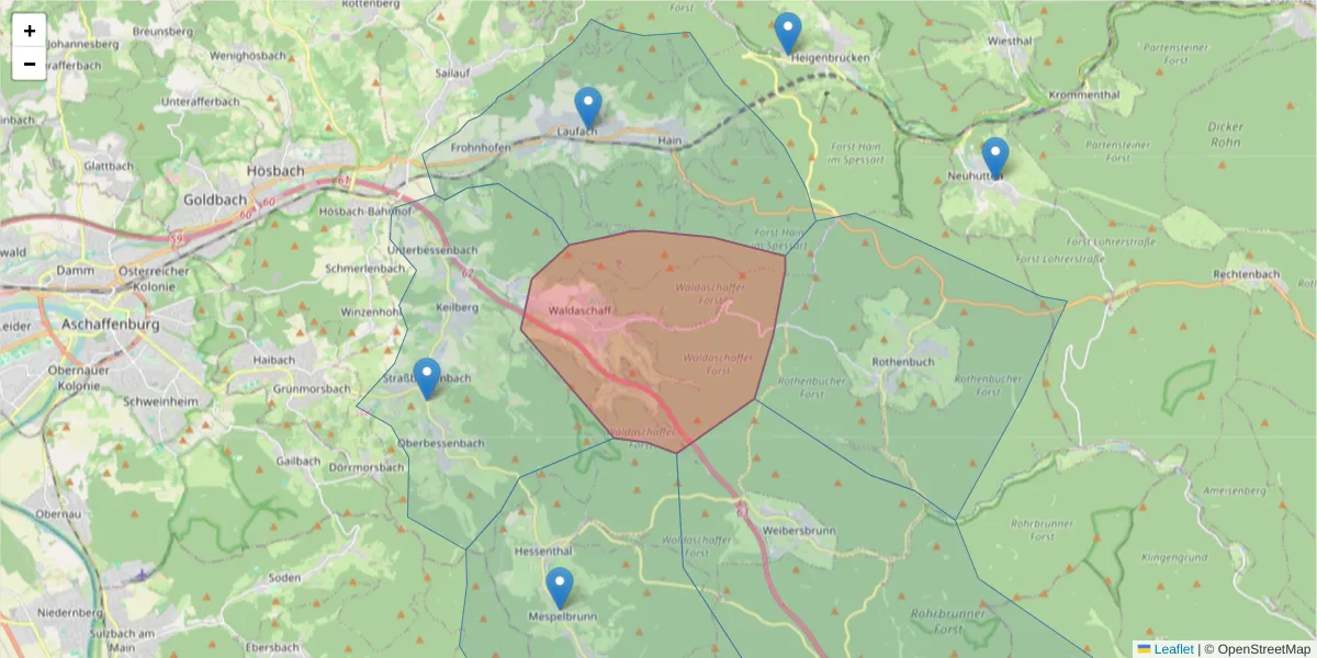Karte des Postleitzahlen Bereichs  und der umliegenden Postleitzahlen in Deutschland