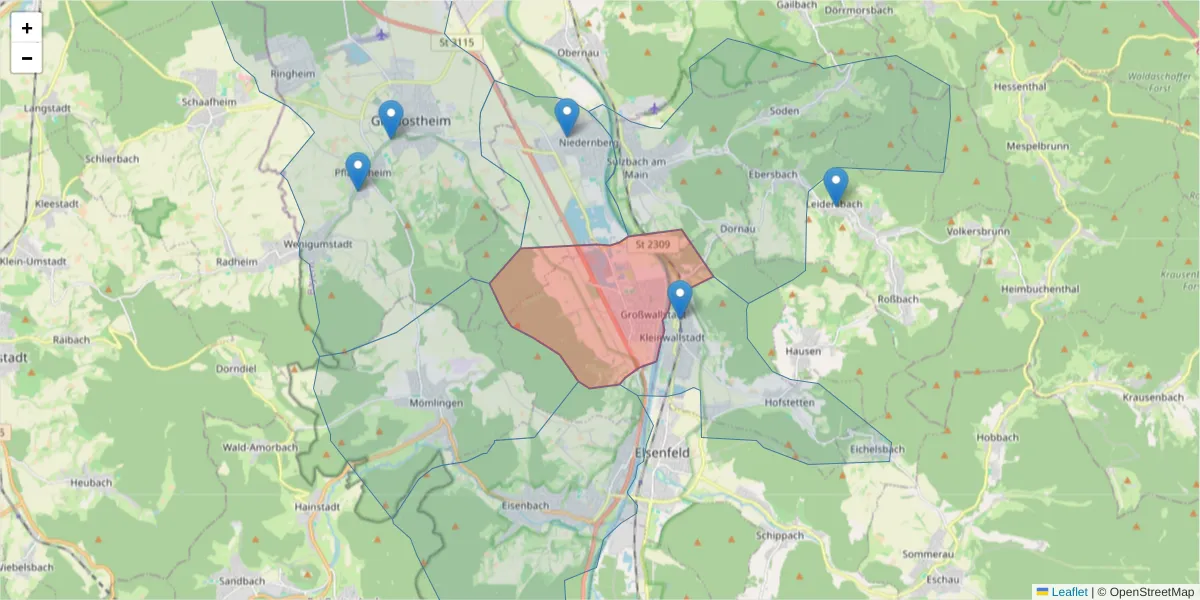 Karte des Postleitzahlen Bereichs  und der umliegenden Postleitzahlen in Deutschland