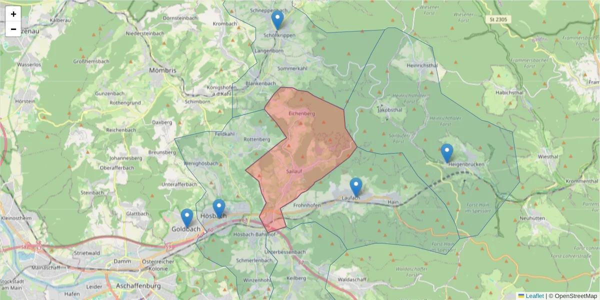 Karte des Postleitzahlen Bereichs  und der umliegenden Postleitzahlen in Deutschland