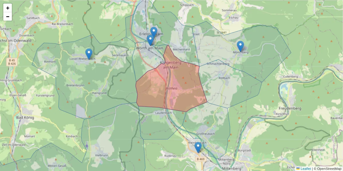Karte des Postleitzahlen Bereichs  und der umliegenden Postleitzahlen in Deutschland
