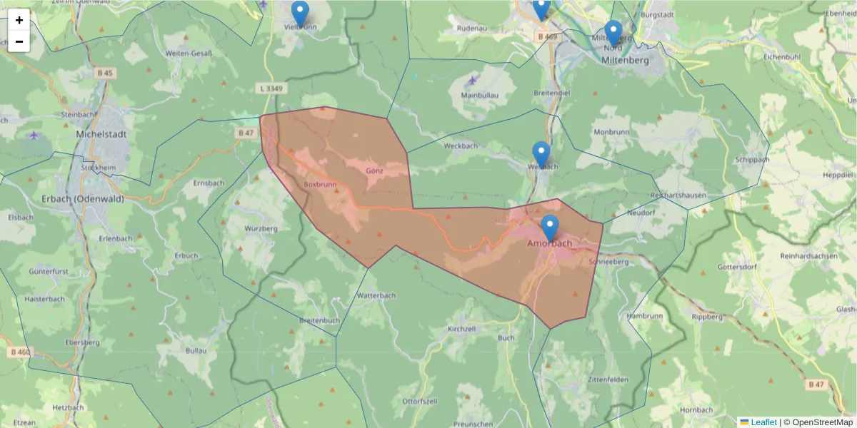 Karte des Postleitzahlen Bereichs  und der umliegenden Postleitzahlen in Deutschland