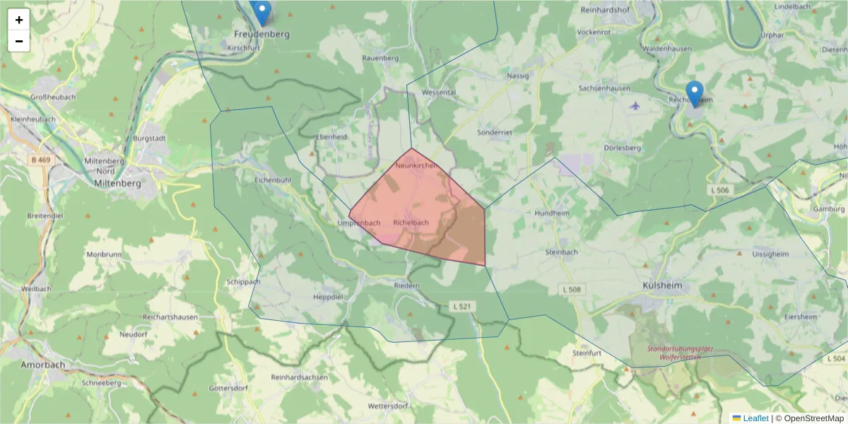 Karte des Postleitzahlen Bereichs  und der umliegenden Postleitzahlen in Deutschland