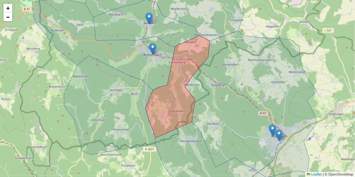 Karte des Postleitzahlen Bereichs  und der umliegenden Postleitzahlen in Deutschland