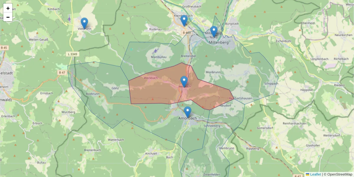 Karte des Postleitzahlen Bereichs  und der umliegenden Postleitzahlen in Deutschland