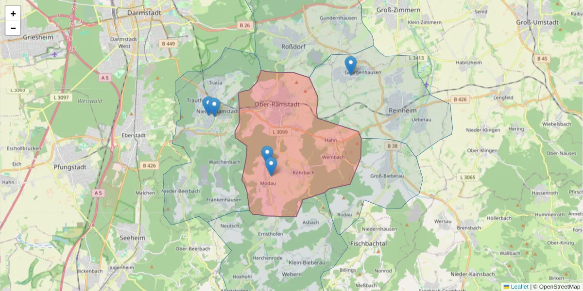 Karte des Postleitzahlen Bereichs  und der umliegenden Postleitzahlen in Deutschland