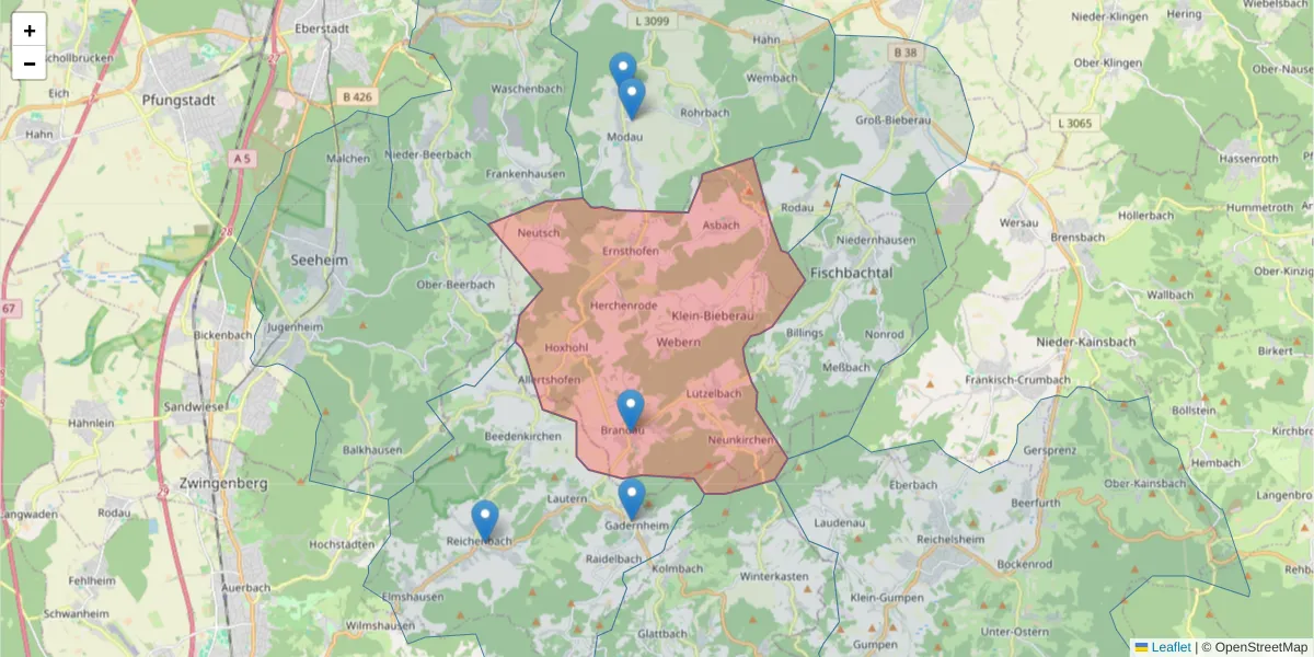 Karte des Postleitzahlen Bereichs  und der umliegenden Postleitzahlen in Deutschland
