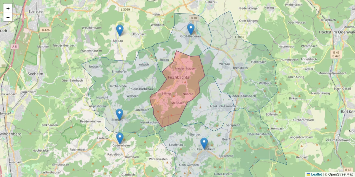 Karte des Postleitzahlen Bereichs  und der umliegenden Postleitzahlen in Deutschland