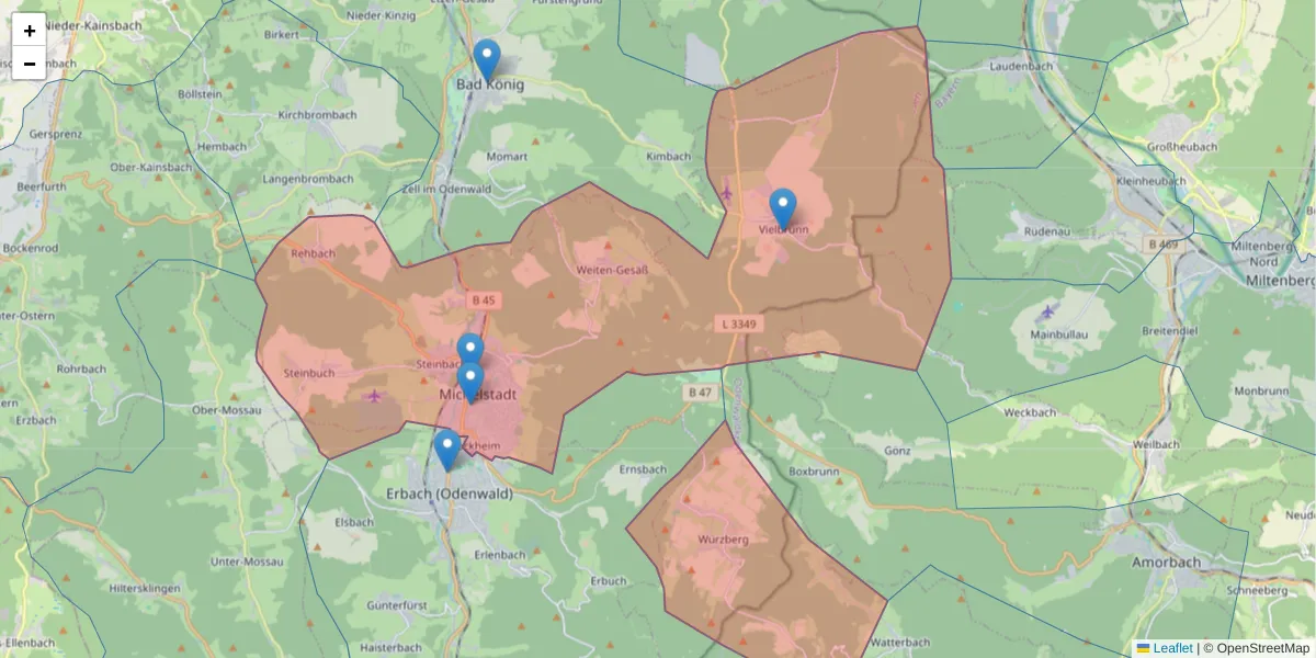 Karte des Postleitzahlen Bereichs  und der umliegenden Postleitzahlen in Deutschland