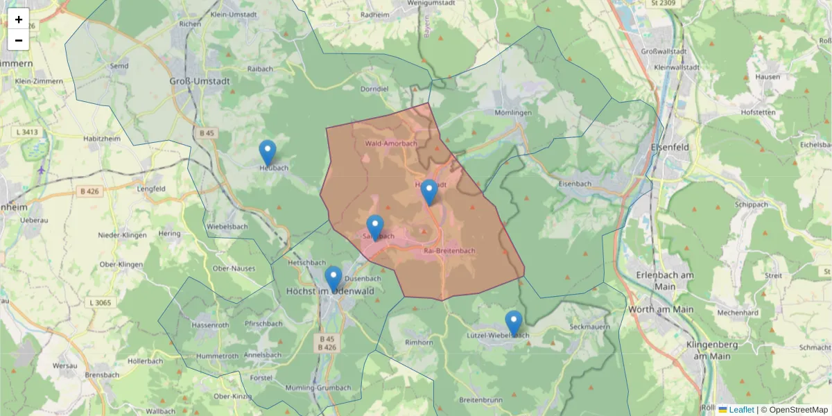 Karte des Postleitzahlen Bereichs  und der umliegenden Postleitzahlen in Deutschland