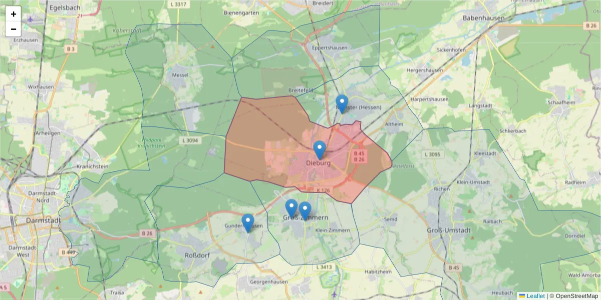 Karte des Postleitzahlen Bereichs  und der umliegenden Postleitzahlen in Deutschland