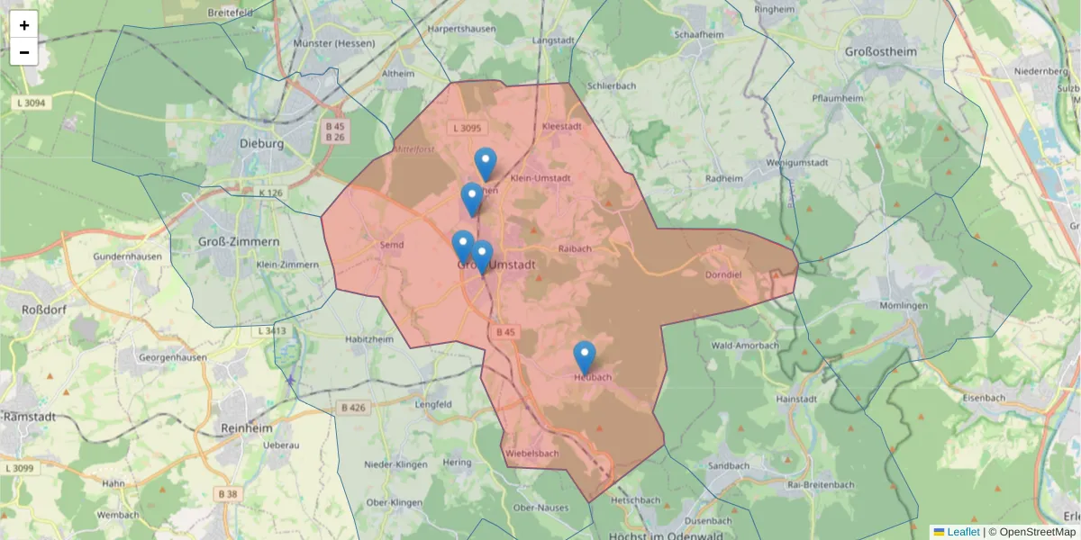 Karte des Postleitzahlen Bereichs  und der umliegenden Postleitzahlen in Deutschland