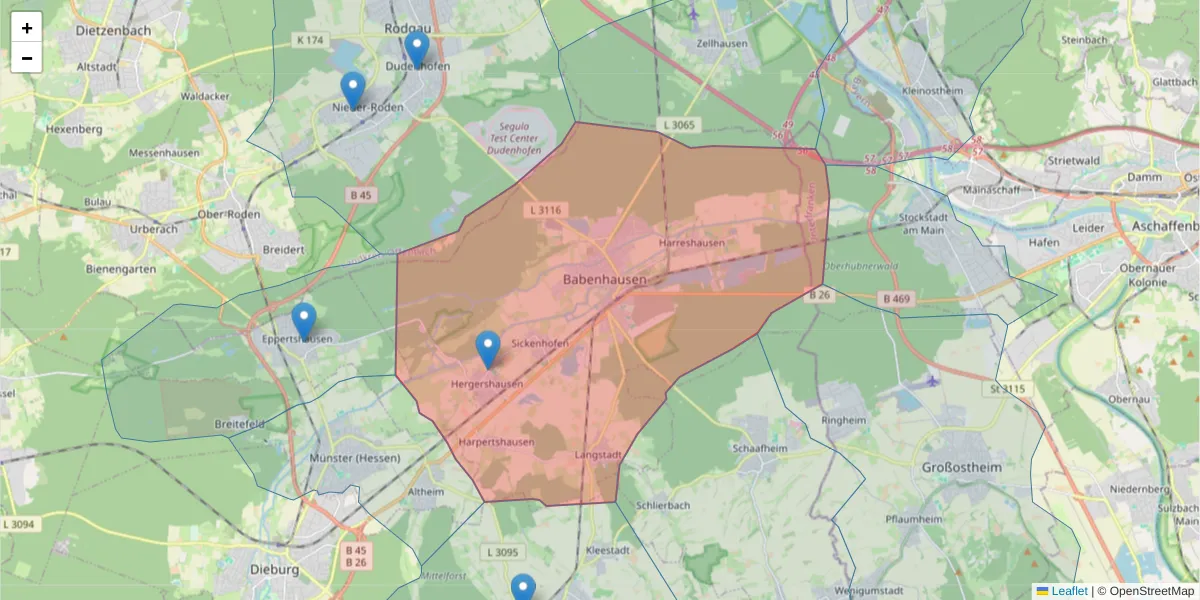 Karte des Postleitzahlen Bereichs  und der umliegenden Postleitzahlen in Deutschland