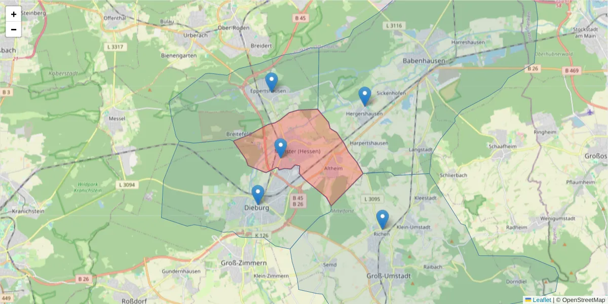 Karte des Postleitzahlen Bereichs  und der umliegenden Postleitzahlen in Deutschland