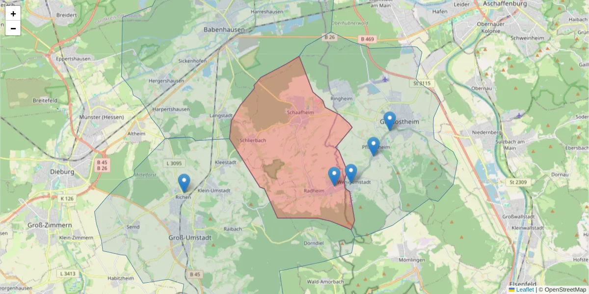 Karte des Postleitzahlen Bereichs  und der umliegenden Postleitzahlen in Deutschland