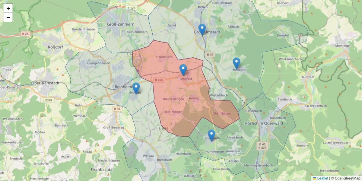 Karte des Postleitzahlen Bereichs  und der umliegenden Postleitzahlen in Deutschland