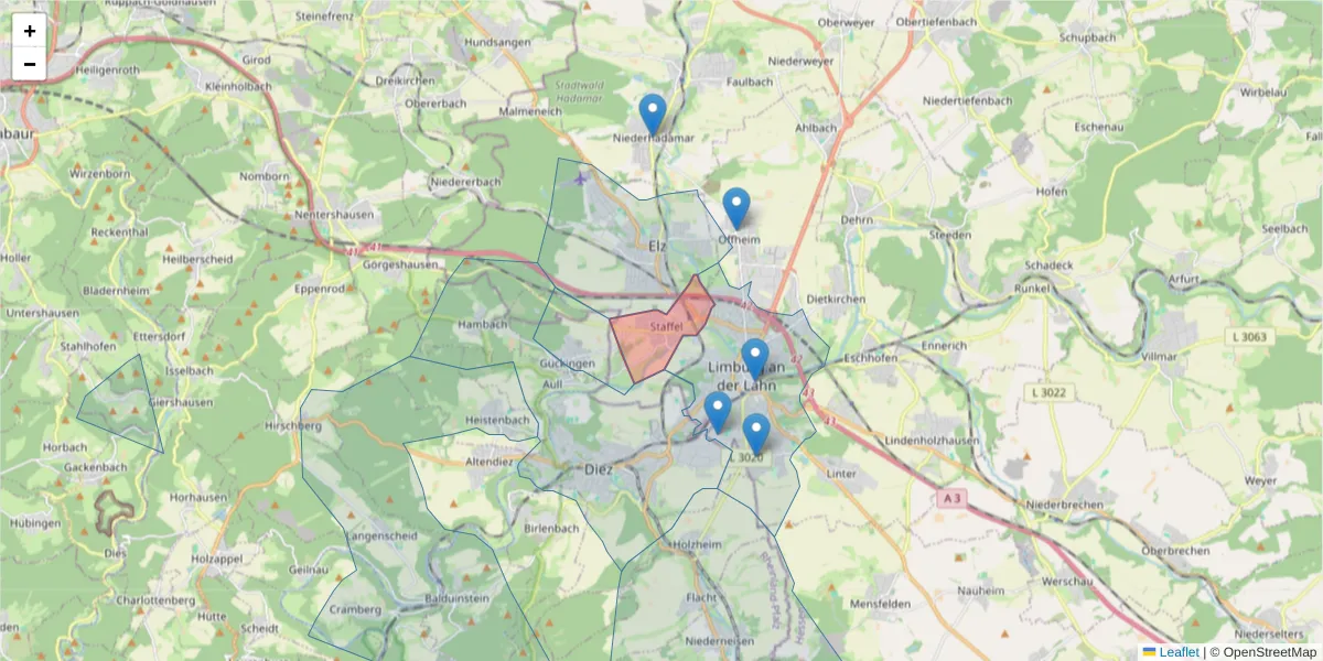 Karte des Postleitzahlen Bereichs  und der umliegenden Postleitzahlen in Deutschland