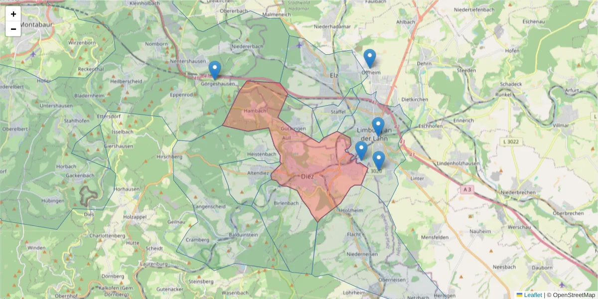 Karte des Postleitzahlen Bereichs  und der umliegenden Postleitzahlen in Deutschland