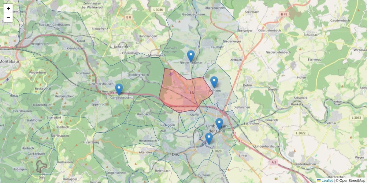 Karte des Postleitzahlen Bereichs  und der umliegenden Postleitzahlen in Deutschland