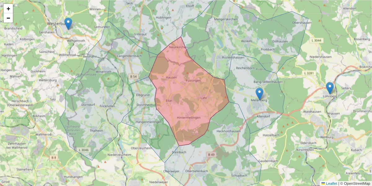 Karte des Postleitzahlen Bereichs  und der umliegenden Postleitzahlen in Deutschland