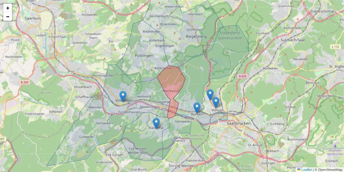 Karte des Postleitzahlen Bereichs  und der umliegenden Postleitzahlen in Deutschland