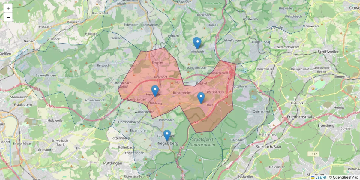 Karte des Postleitzahlen Bereichs  und der umliegenden Postleitzahlen in Deutschland