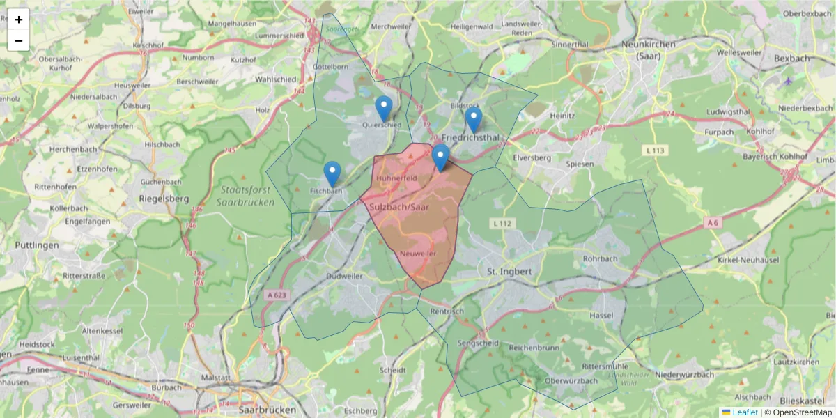 Karte des Postleitzahlen Bereichs  und der umliegenden Postleitzahlen in Deutschland