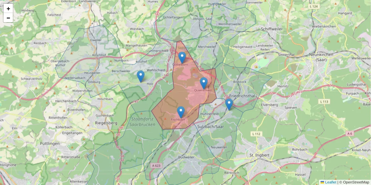 Karte des Postleitzahlen Bereichs  und der umliegenden Postleitzahlen in Deutschland
