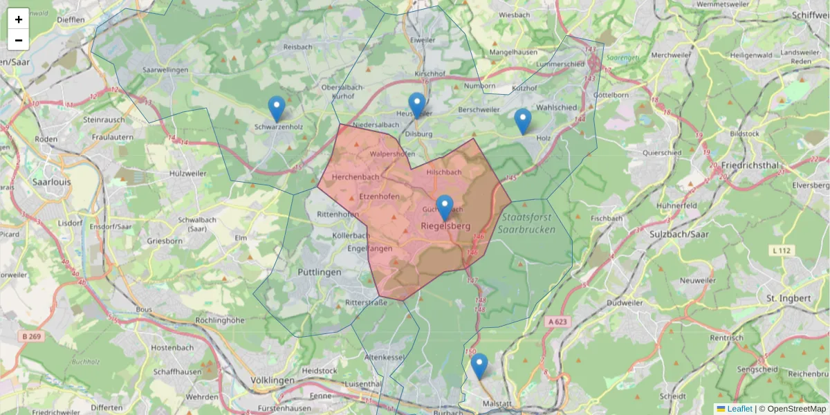 Karte des Postleitzahlen Bereichs  und der umliegenden Postleitzahlen in Deutschland