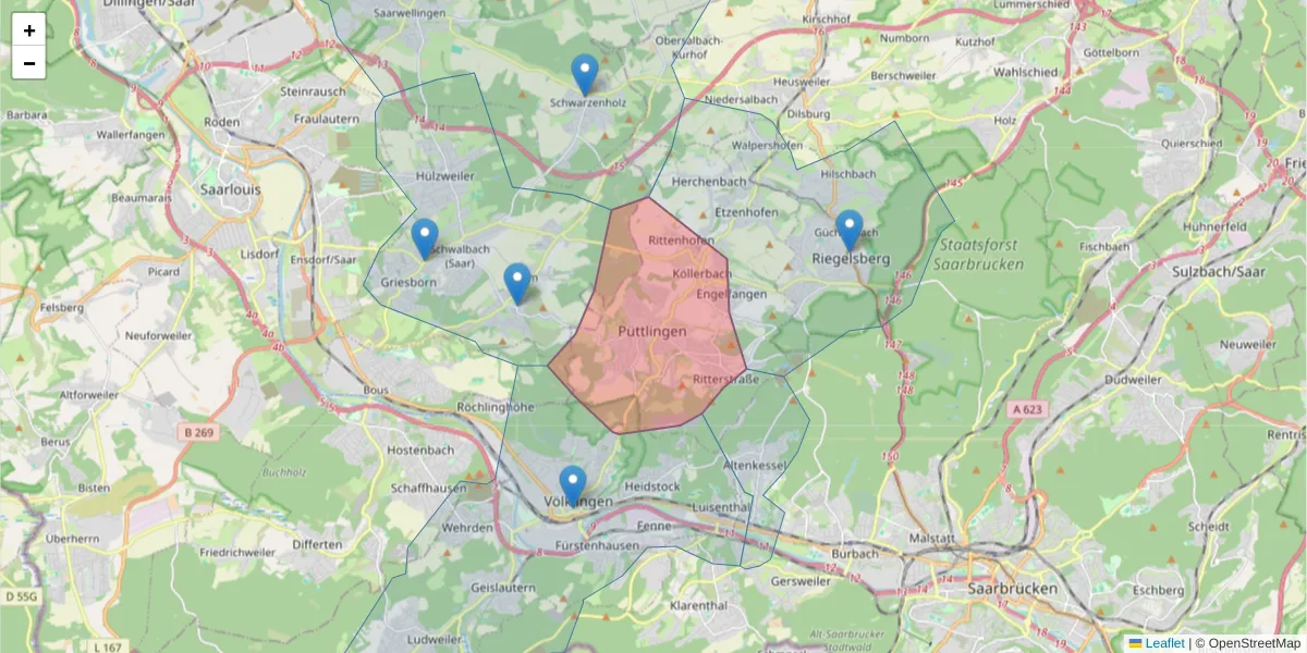 Karte des Postleitzahlen Bereichs  und der umliegenden Postleitzahlen in Deutschland