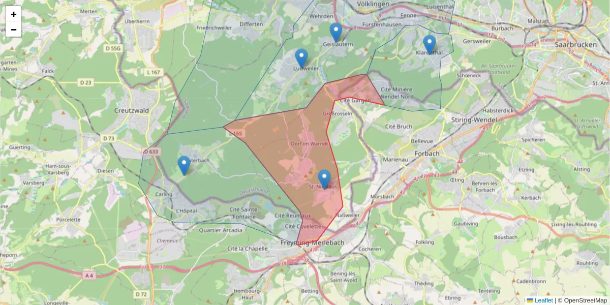 Karte des Postleitzahlen Bereichs  und der umliegenden Postleitzahlen in Deutschland