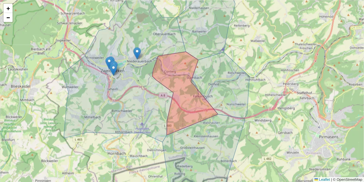 Karte des Postleitzahlen Bereichs  und der umliegenden Postleitzahlen in Deutschland