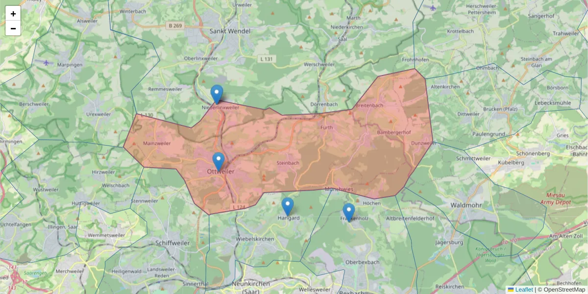 Karte des Postleitzahlen Bereichs  und der umliegenden Postleitzahlen in Deutschland