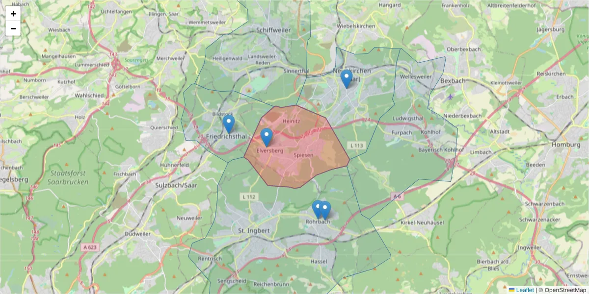 Karte des Postleitzahlen Bereichs  und der umliegenden Postleitzahlen in Deutschland