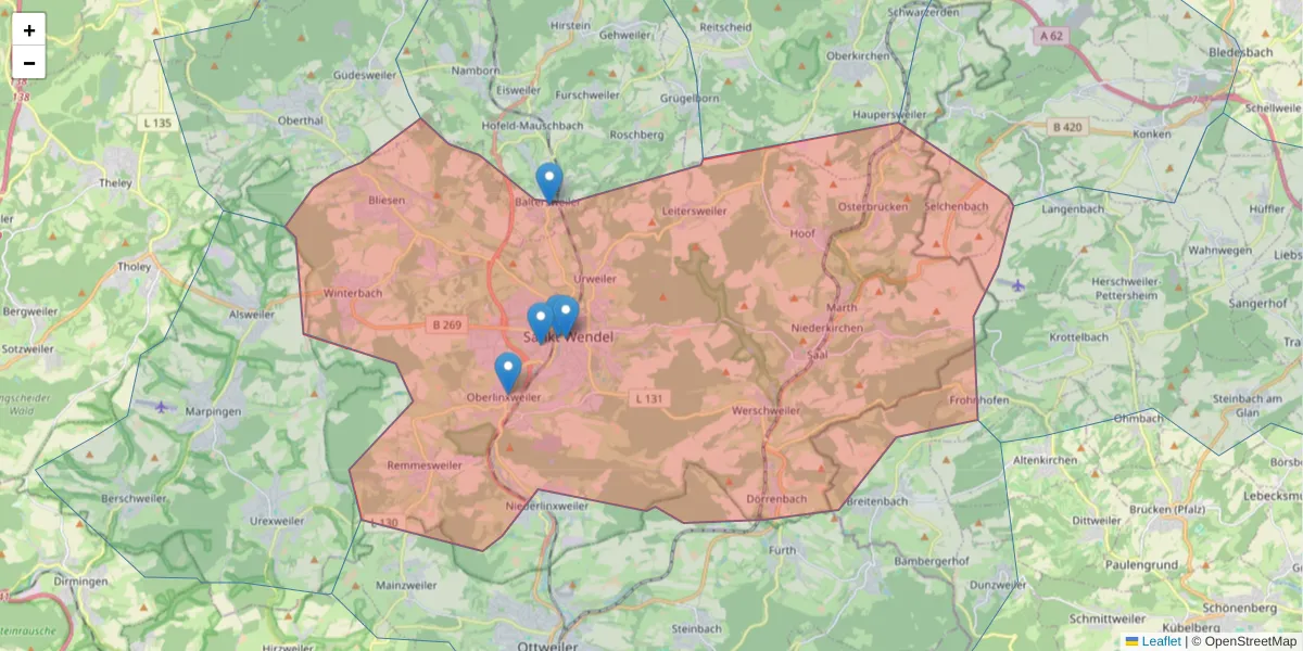 Karte des Postleitzahlen Bereichs  und der umliegenden Postleitzahlen in Deutschland