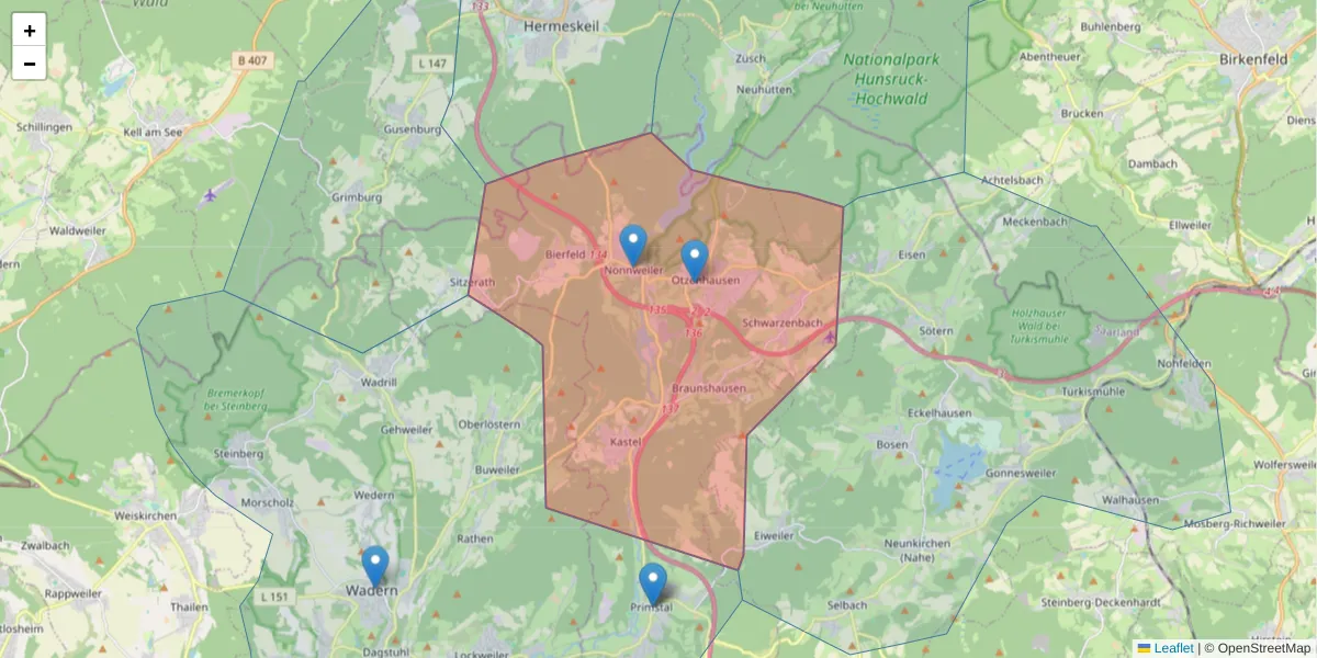Karte des Postleitzahlen Bereichs  und der umliegenden Postleitzahlen in Deutschland