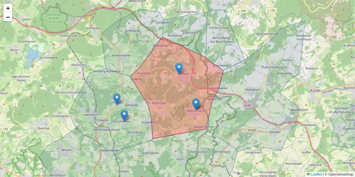 Karte des Postleitzahlen Bereichs  und der umliegenden Postleitzahlen in Deutschland