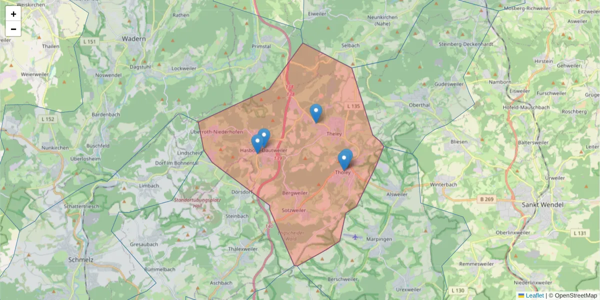 Karte des Postleitzahlen Bereichs  und der umliegenden Postleitzahlen in Deutschland