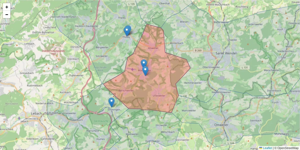 Karte des Postleitzahlen Bereichs  und der umliegenden Postleitzahlen in Deutschland