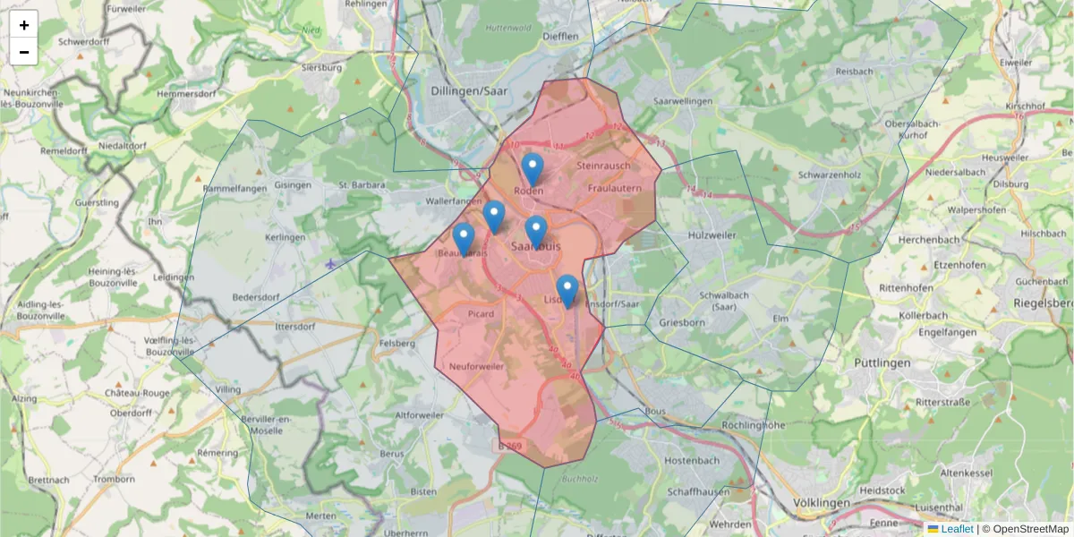 Karte des Postleitzahlen Bereichs  und der umliegenden Postleitzahlen in Deutschland