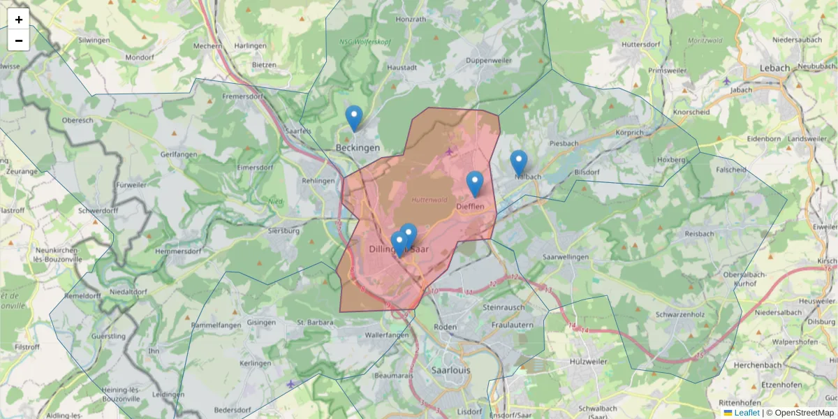 Karte des Postleitzahlen Bereichs  und der umliegenden Postleitzahlen in Deutschland