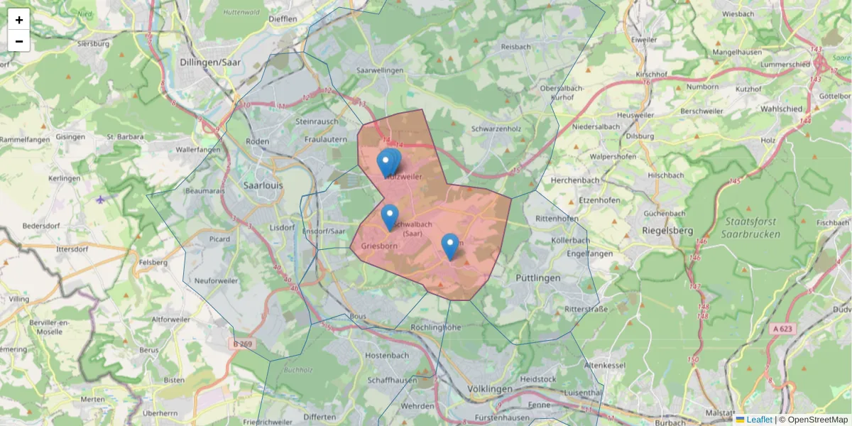 Karte des Postleitzahlen Bereichs  und der umliegenden Postleitzahlen in Deutschland