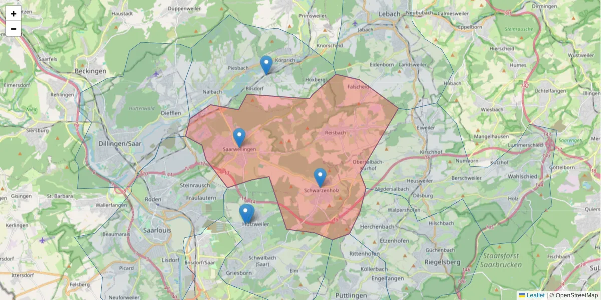 Karte des Postleitzahlen Bereichs  und der umliegenden Postleitzahlen in Deutschland